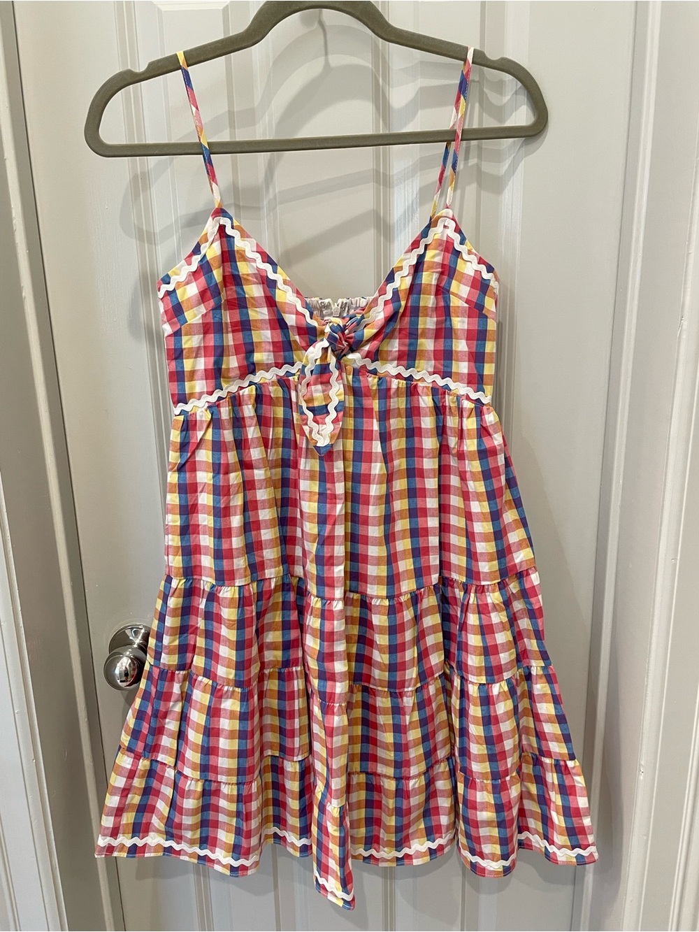 English Factory Multicolor Gingham Tiered Mini Dress with Front Knot